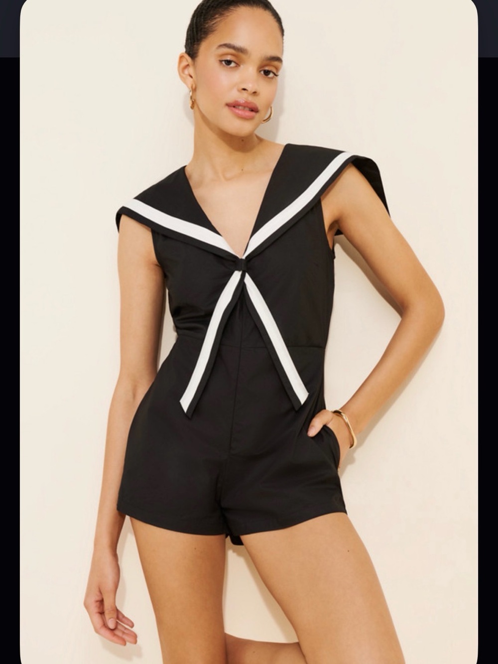 For Love and Lemons Sailor-Inspired Black Romper with White Trim